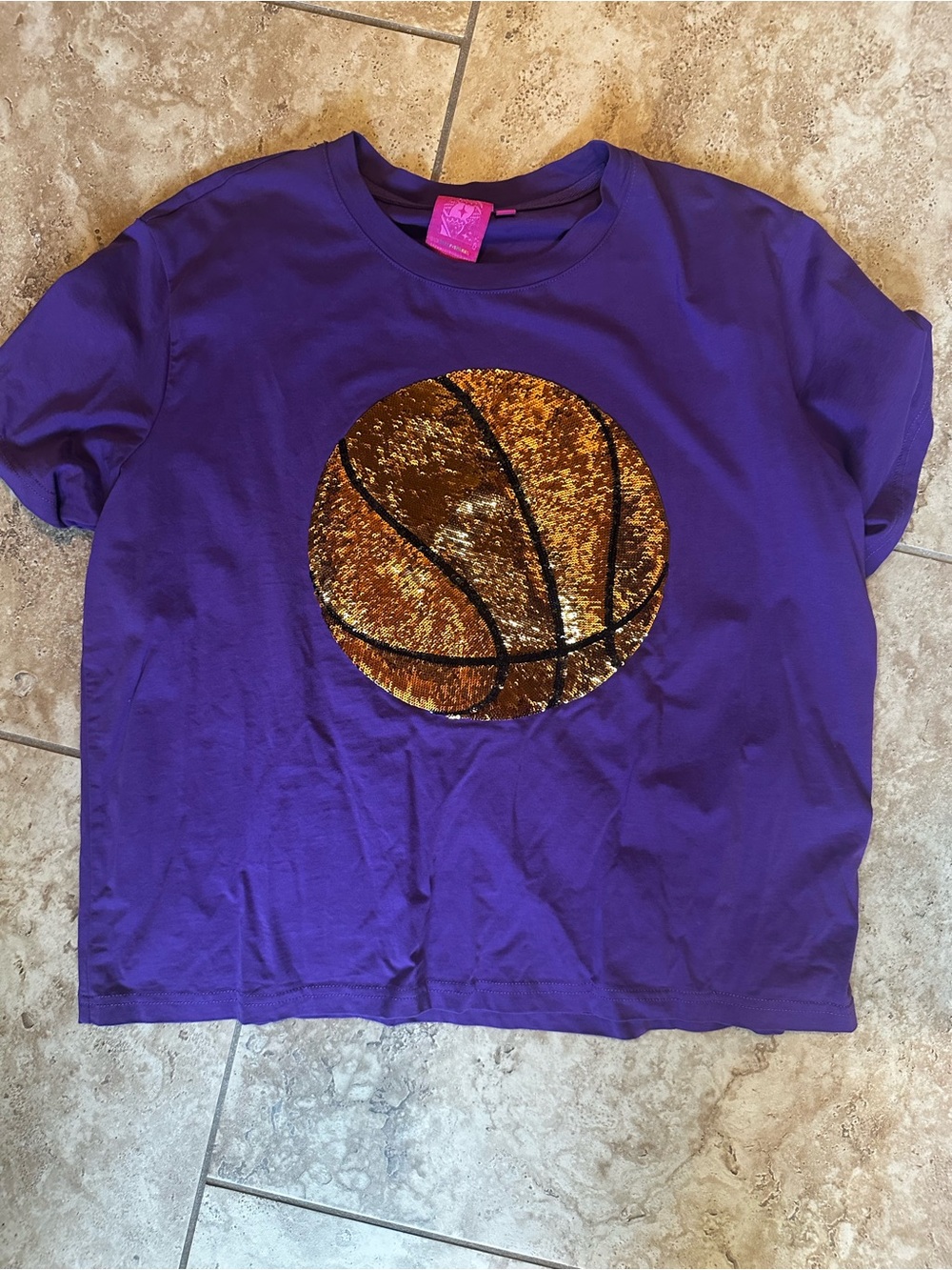 QUEEN OF SPARKLES Purple Tee with Gold Sequin Basketball